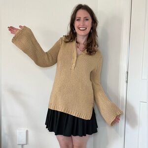 J.Crew 100% Cotton Tan Camel Knit V-Neck Flare Sleeve Oversized Sweater 🐪